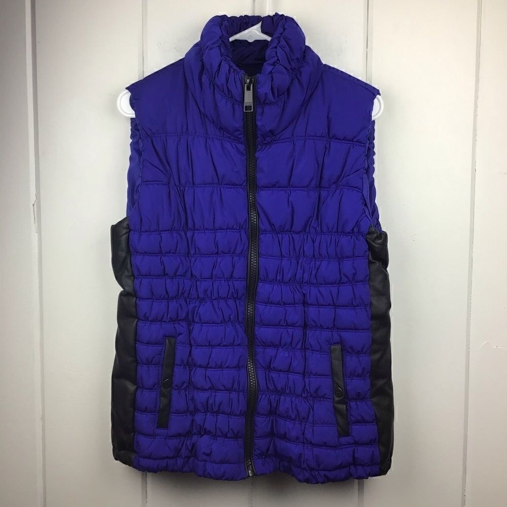 Andrew Marc Puffer Vest Faux Leather Blue & Black, Size Large‎